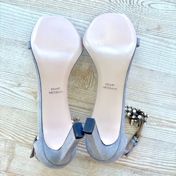 Stuart Weitzman Suede Stiletto Heel Rhinestone Waterfall Sandals | Blue 8.5 - Picture 8 of 8